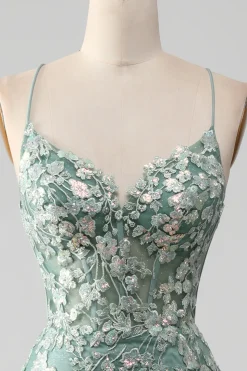 Sereia Lace-Up Back Light Verde Vestido de Baile com Apliques