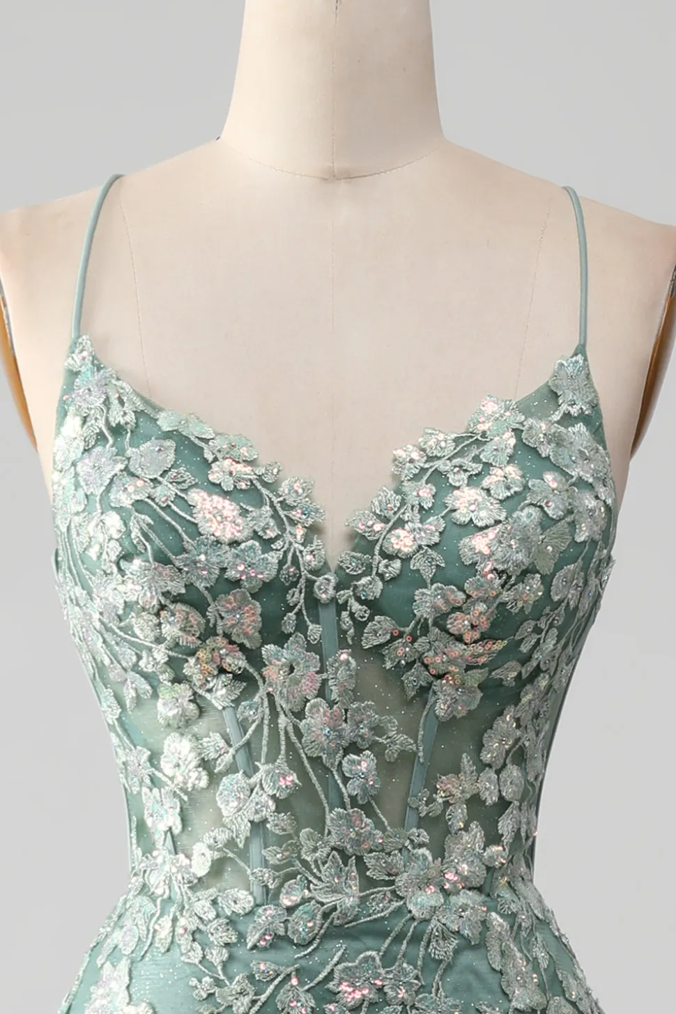 Sereia Lace-Up Back Light Verde Vestido de Baile com Apliques
