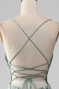 Sereia Lace-Up Back Light Verde Vestido de Baile com Apliques
