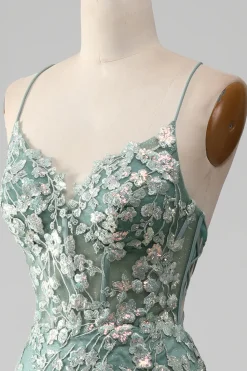 Sereia Lace-Up Back Light Verde Vestido de Baile com Apliques