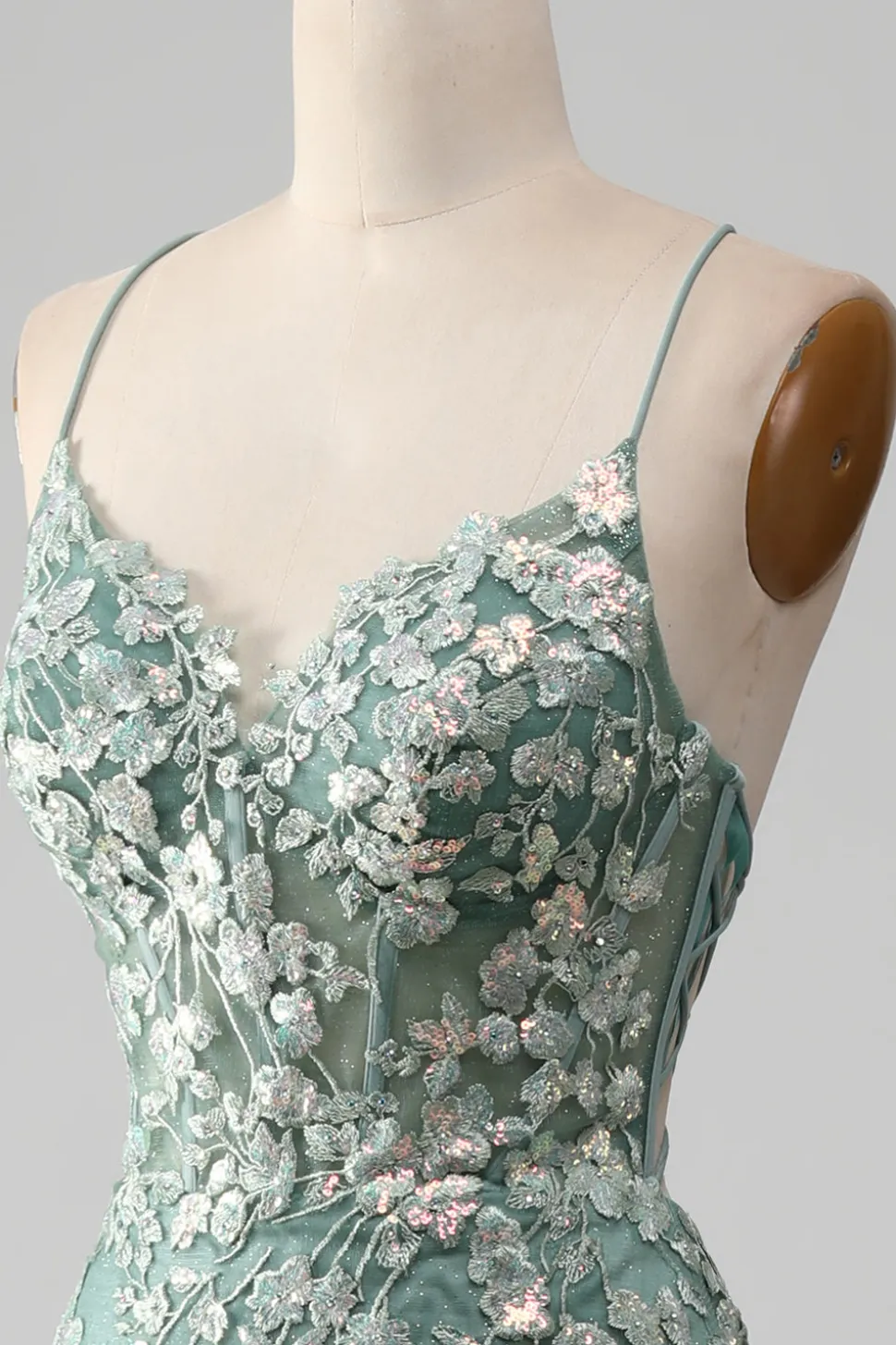 Sereia Lace-Up Back Light Verde Vestido de Baile com Apliques