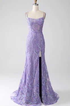 Sereia Lace-Up Back Lilac Sequins Vestido de Baile com Fenda