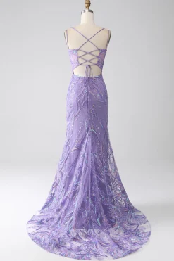 Sereia Lace-Up Back Lilac Sequins Vestido de Baile com Fenda