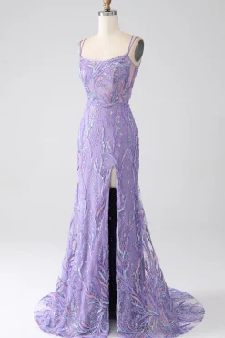Sereia Lace-Up Back Lilac Sequins Vestido de Baile com Fenda