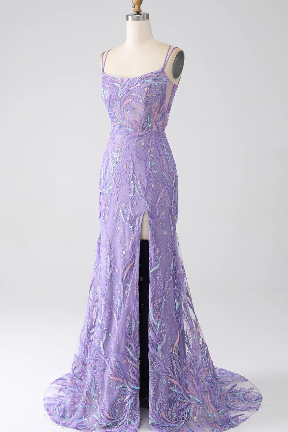 Sereia Lace-Up Back Lilac Sequins Vestido de Baile com Fenda