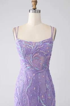 Sereia Lace-Up Back Lilac Sequins Vestido de Baile com Fenda