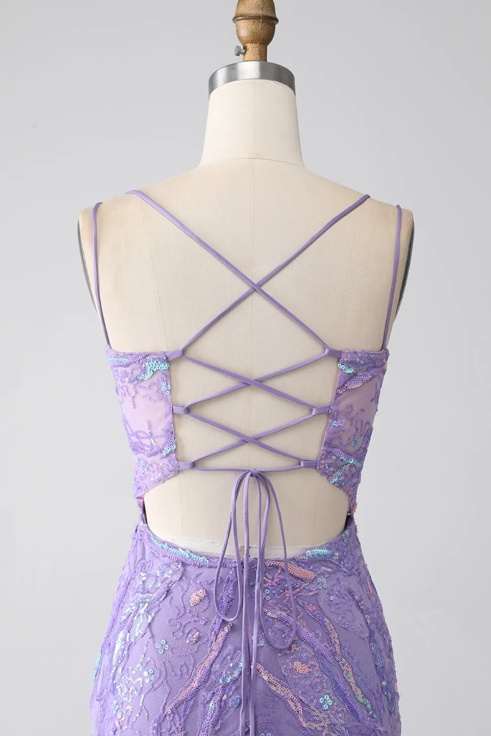 Sereia Lace-Up Back Lilac Sequins Vestido de Baile com Fenda
