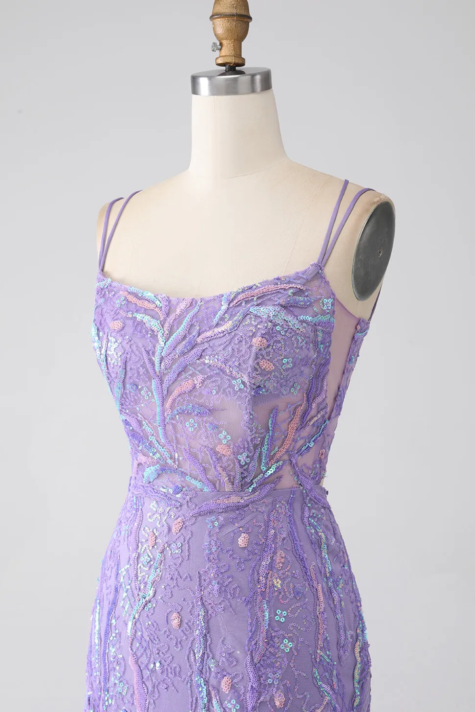 Sereia Lace-Up Back Lilac Sequins Vestido de Baile com Fenda