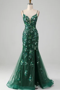 Sereia Lace-Up Back Vestido de Baile Verde Escuro com Apliques