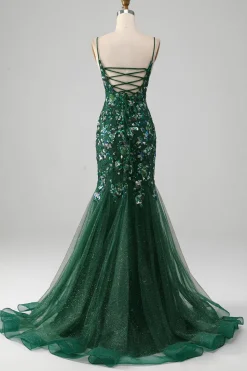 Sereia Lace-Up Back Vestido de Baile Verde Escuro com Apliques