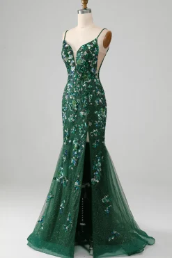 Sereia Lace-Up Back Vestido de Baile Verde Escuro com Apliques