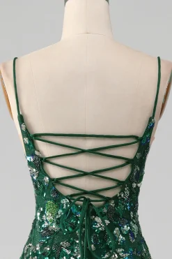 Sereia Lace-Up Back Vestido de Baile Verde Escuro com Apliques