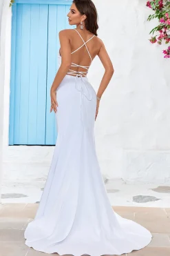 Sereia Lace-Up Back White Sweep Train Vestido de Noiva