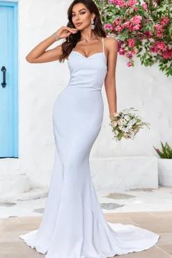 Sereia Lace-Up Back White Sweep Train Vestido de Noiva