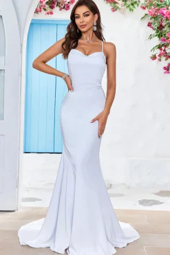 Sereia Lace-Up Back White Sweep Train Vestido de Noiva