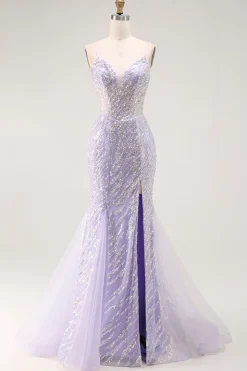 Sereia Lantejoulas roxo longo vestido de baile com fenda
