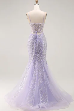 Sereia Lantejoulas roxo longo vestido de baile com fenda