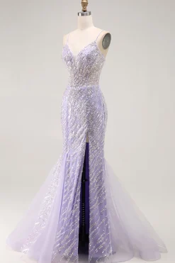 Sereia Lantejoulas roxo longo vestido de baile com fenda