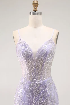 Sereia Lantejoulas roxo longo vestido de baile com fenda