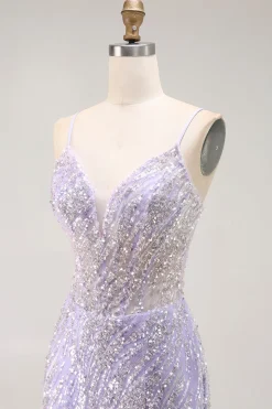 Sereia Lantejoulas roxo longo vestido de baile com fenda