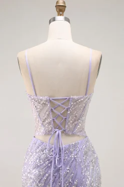 Sereia Lantejoulas roxo longo vestido de baile com fenda