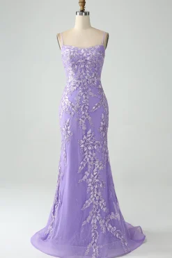 Sereia Lilac Esparguete Correias Longo Vestido de Baile com Apliques
