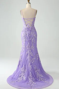 Sereia Lilac Esparguete Correias Longo Vestido de Baile com Apliques