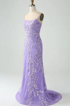 Sereia Lilac Esparguete Correias Longo Vestido de Baile com Apliques