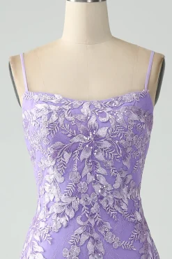 Sereia Lilac Esparguete Correias Longo Vestido de Baile com Apliques