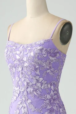 Sereia Lilac Esparguete Correias Longo Vestido de Baile com Apliques