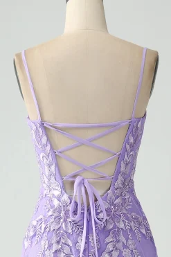 Sereia Lilac Esparguete Correias Longo Vestido de Baile com Apliques