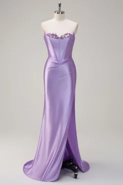 Sereia Lilás Brilhante Espartilho Sem Alças Vestido de Fetinagem Cetim Longo Baile de Formatura com Fenda