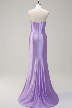 Sereia Lilás Brilhante Lantejoulas Espartilho Sem Alças Vestido de Baile de Cetim com Fenda