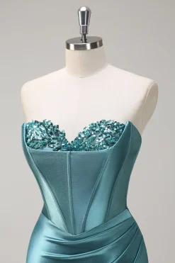 Sereia Lilás Brilhante Lantejoulas Espartilho Sem Alças Vestido de Baile de Cetim com Fenda