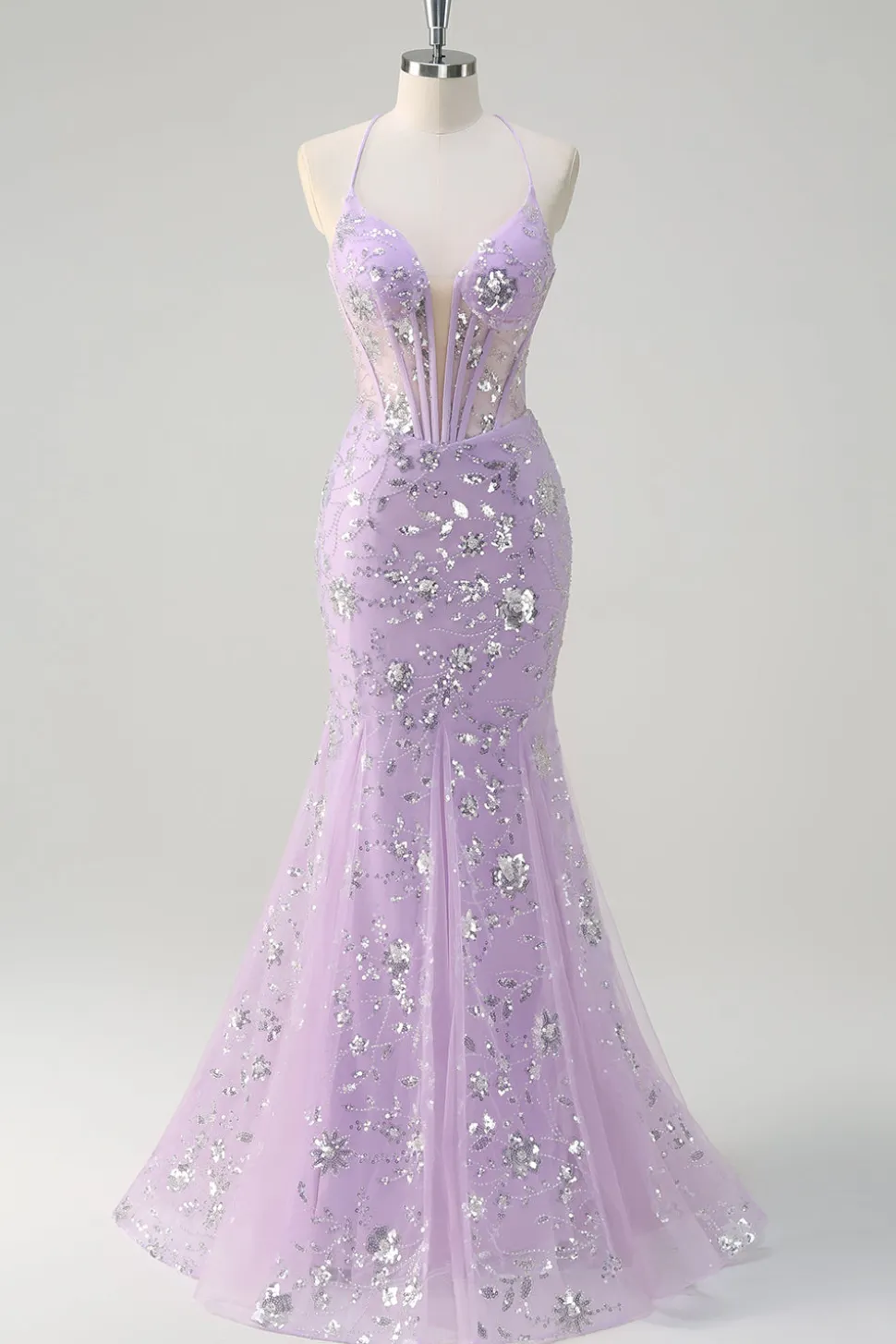 Sereia Lilás Brilhante Sheer Corset Vestido de baile de lantejoulas com renda para trás