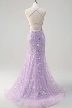 Sereia Lilás Brilhante Sheer Corset Vestido de baile de lantejoulas com renda para trás
