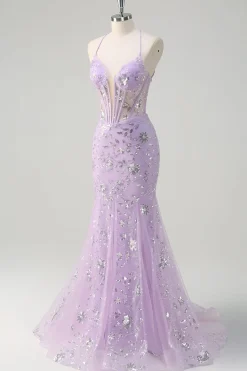 Sereia Lilás Brilhante Sheer Corset Vestido de baile de lantejoulas com renda para trás