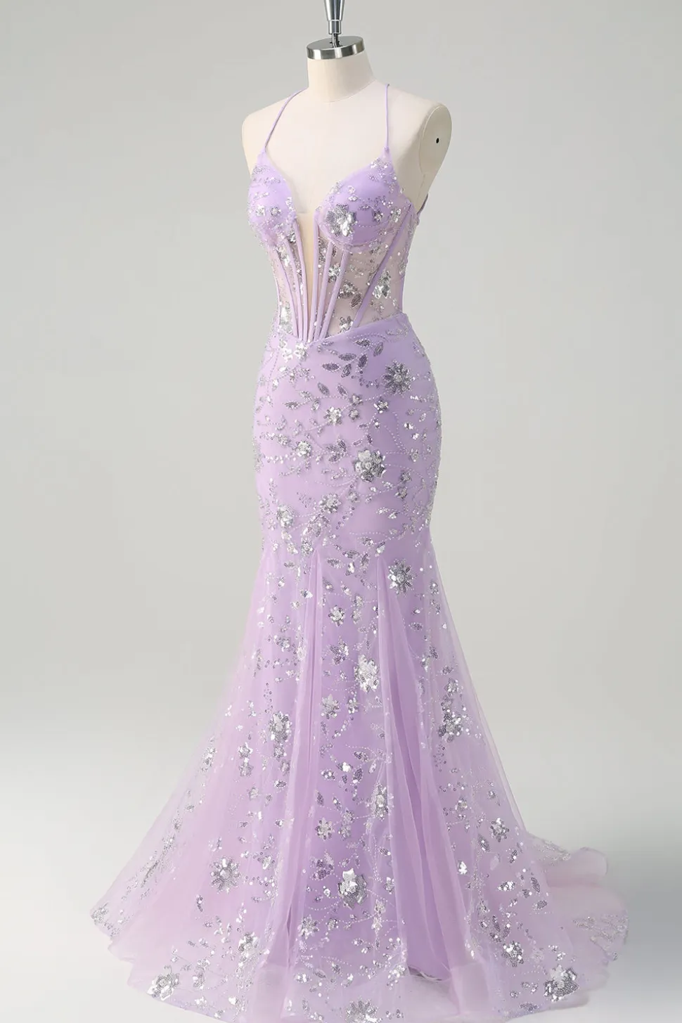 Sereia Lilás Brilhante Sheer Corset Vestido de baile de lantejoulas com renda para trás