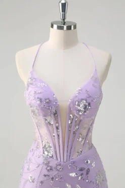 Sereia Lilás Brilhante Sheer Corset Vestido de baile de lantejoulas com renda para trás