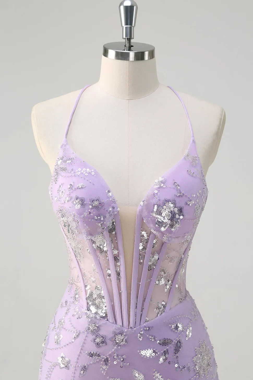 Sereia Lilás Brilhante Sheer Corset Vestido de baile de lantejoulas com renda para trás