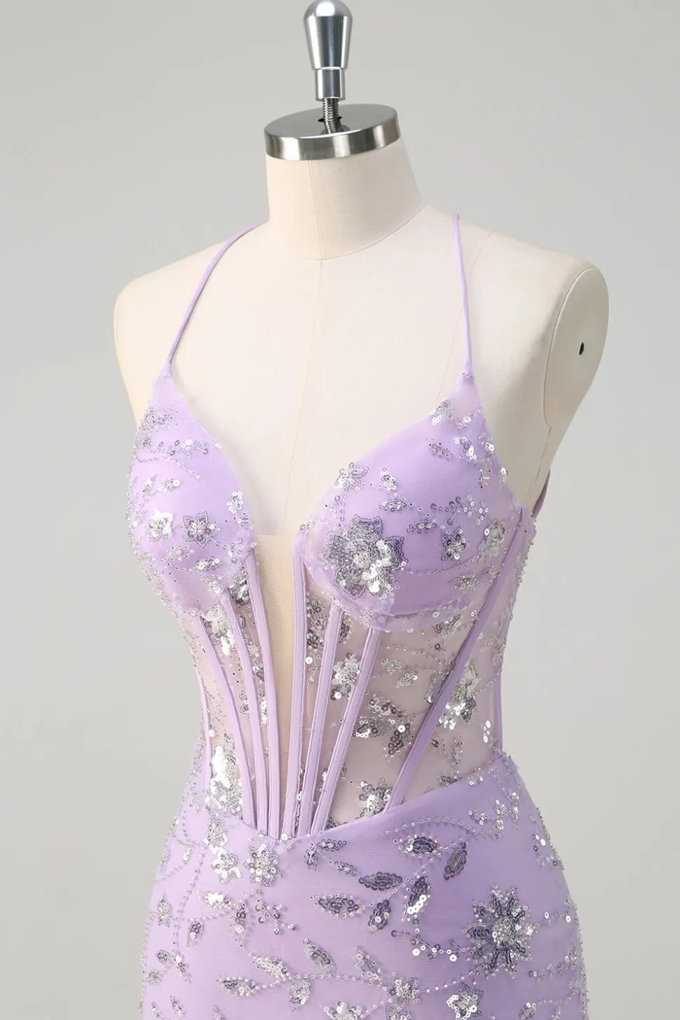 Sereia Lilás Brilhante Sheer Corset Vestido de baile de lantejoulas com renda para trás