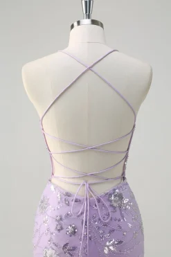 Sereia Lilás Brilhante Sheer Corset Vestido de baile de lantejoulas com renda para trás