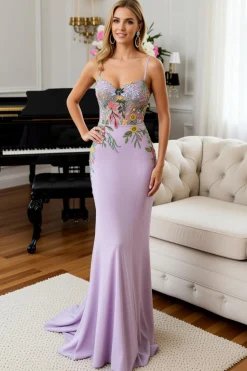 Sereia Lilás Cetim Floral Cetim Long Prom Dress