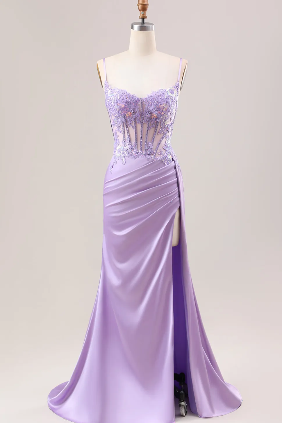 Sereia Lilás elegante plissado lantejoulas Corset longo vestido de baile com fenda