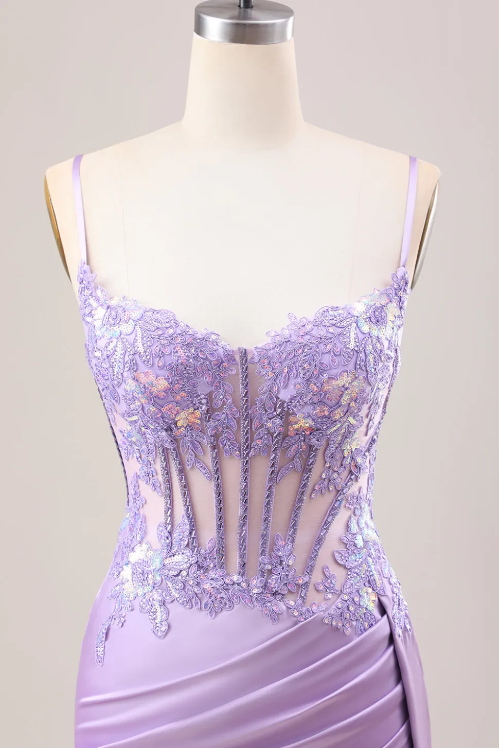 Sereia Lilás elegante plissado lantejoulas Corset longo vestido de baile com fenda