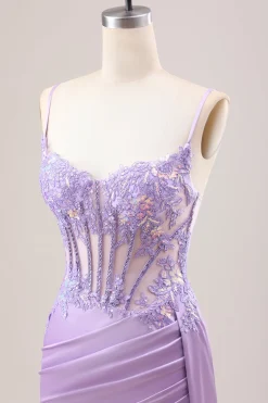 Sereia Lilás elegante plissado lantejoulas Corset longo vestido de baile com fenda
