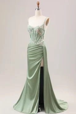 Sereia Lilás elegante plissado lantejoulas Corset longo vestido de baile com fenda