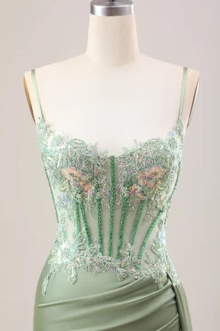 Sereia Lilás elegante plissado lantejoulas Corset longo vestido de baile com fenda