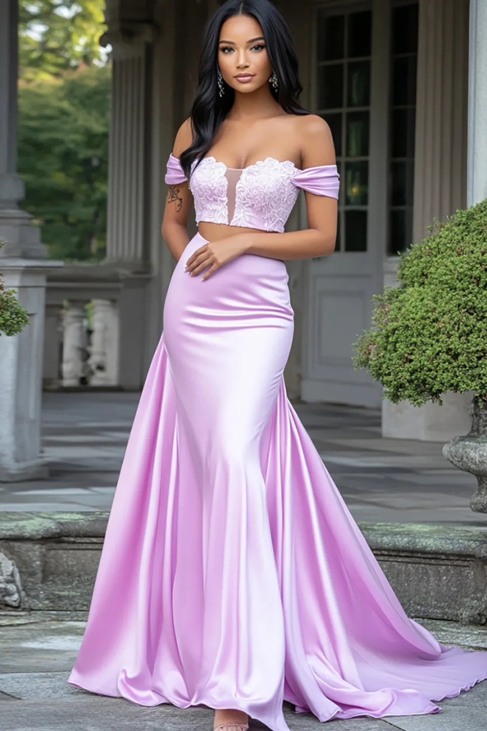 Sereia Lilás Fora do Ombro Cetim Long Prom Dress com Renda
