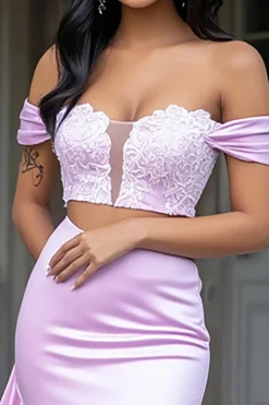 Sereia Lilás Fora do Ombro Cetim Long Prom Dress com Renda